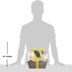 Gift basket with a yellow ribbon shown next to a silhouette of a person for size reference.