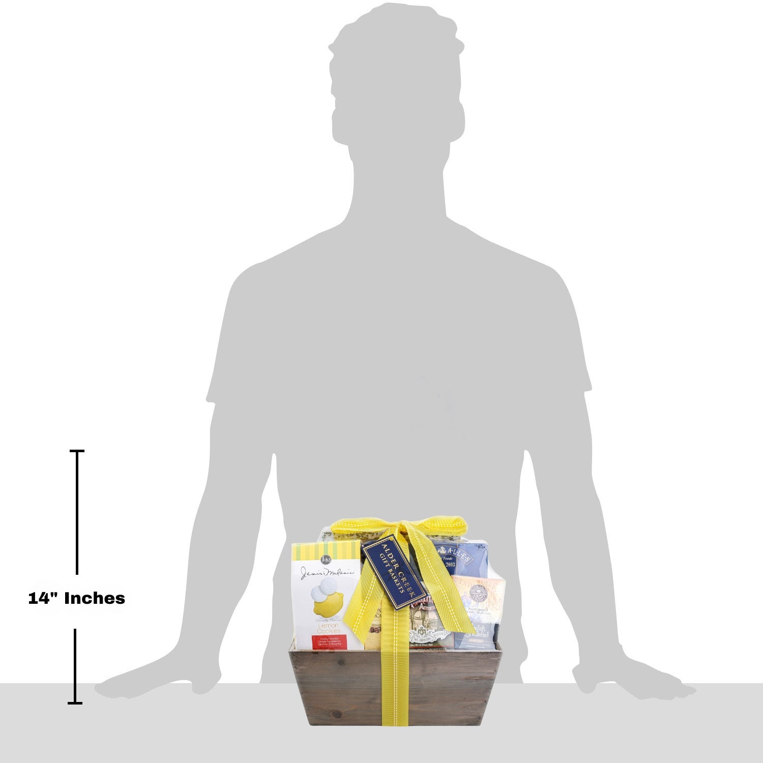 Gift basket with a yellow ribbon shown next to a silhouette of a person for size reference.
