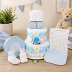 Blue Two- Tier Diaper Cake new baby gift basket or baby shower gift from Beyond the Bow Gifts