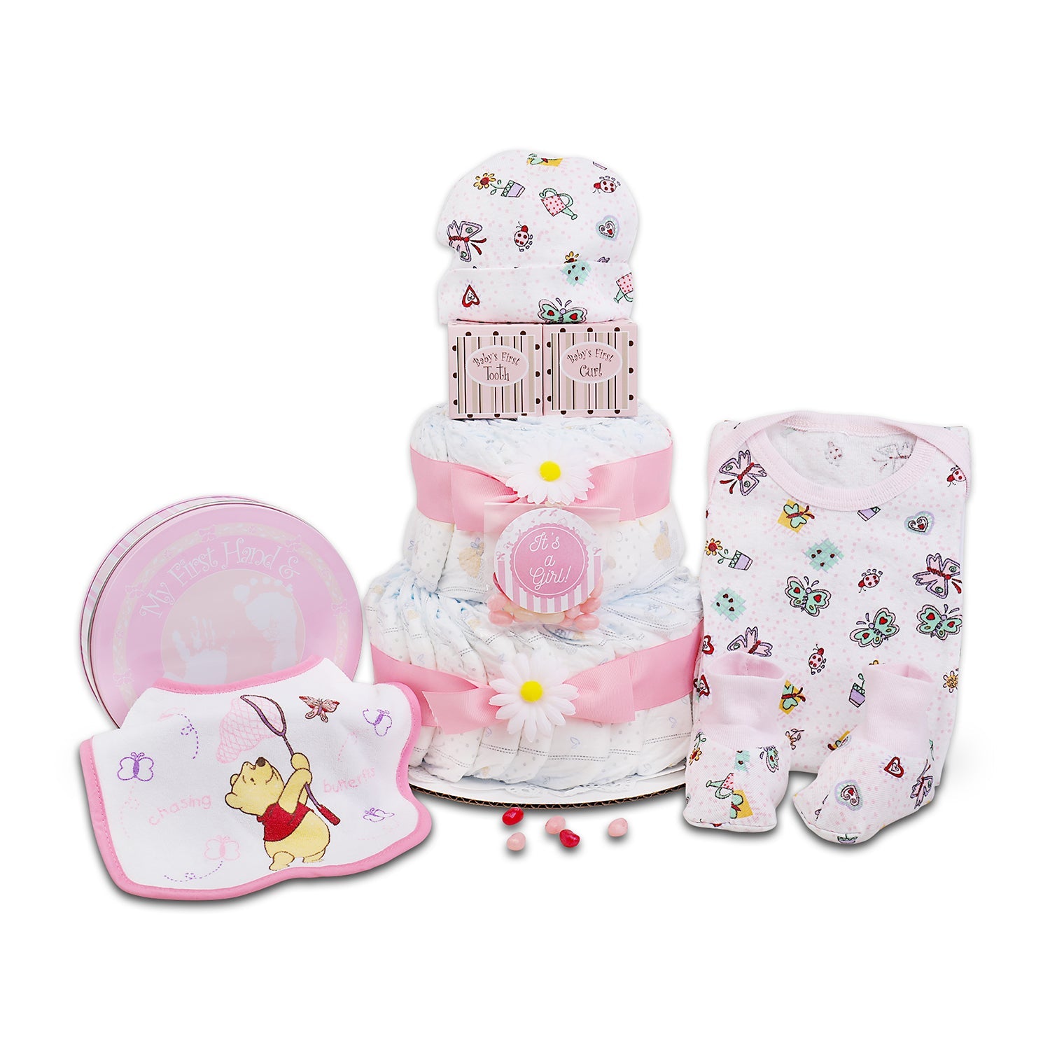 Baby gift set with diaper cake, bib, booties, and hat on a white background