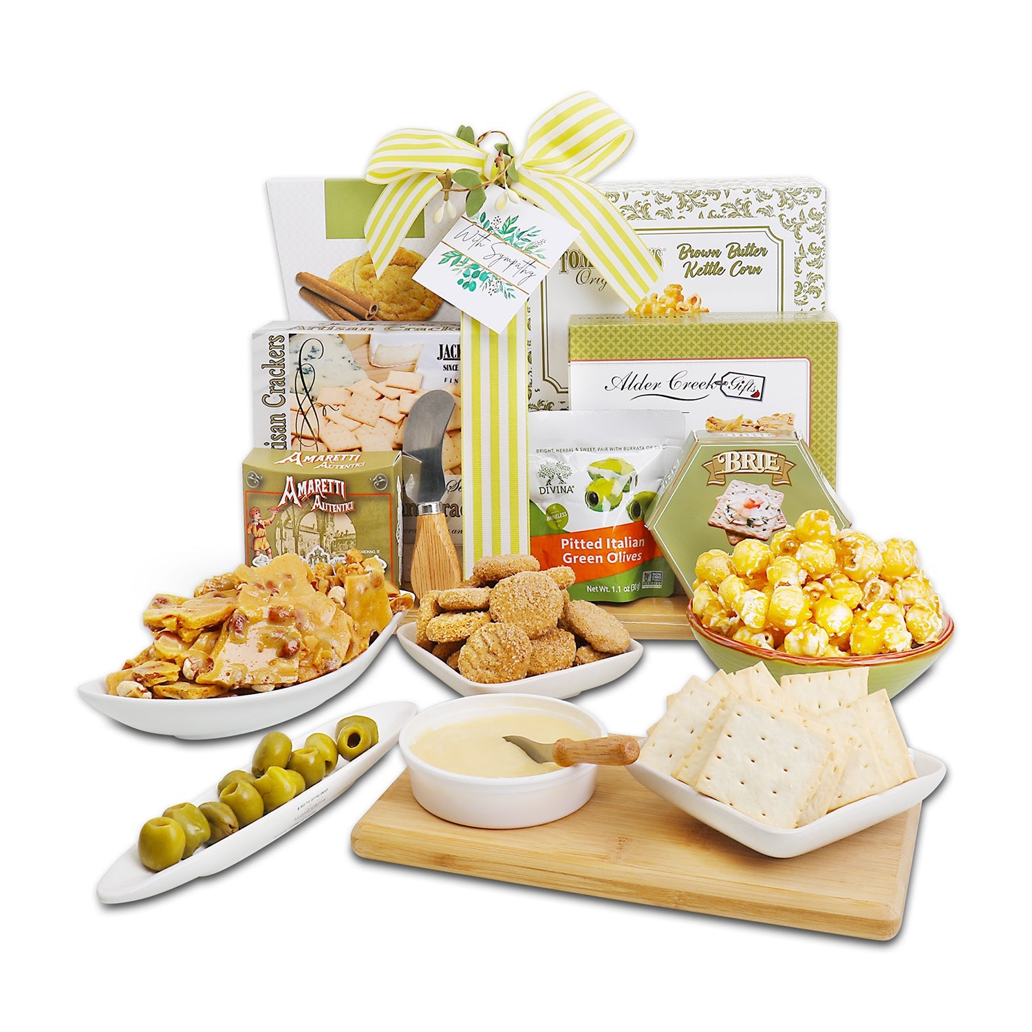 Assorted snack items including crackers, popcorn, and olives on a white background