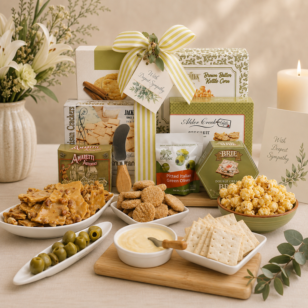 Gourmet food platter with crackers, olives, and popcorn on a table with a candle and flowers.