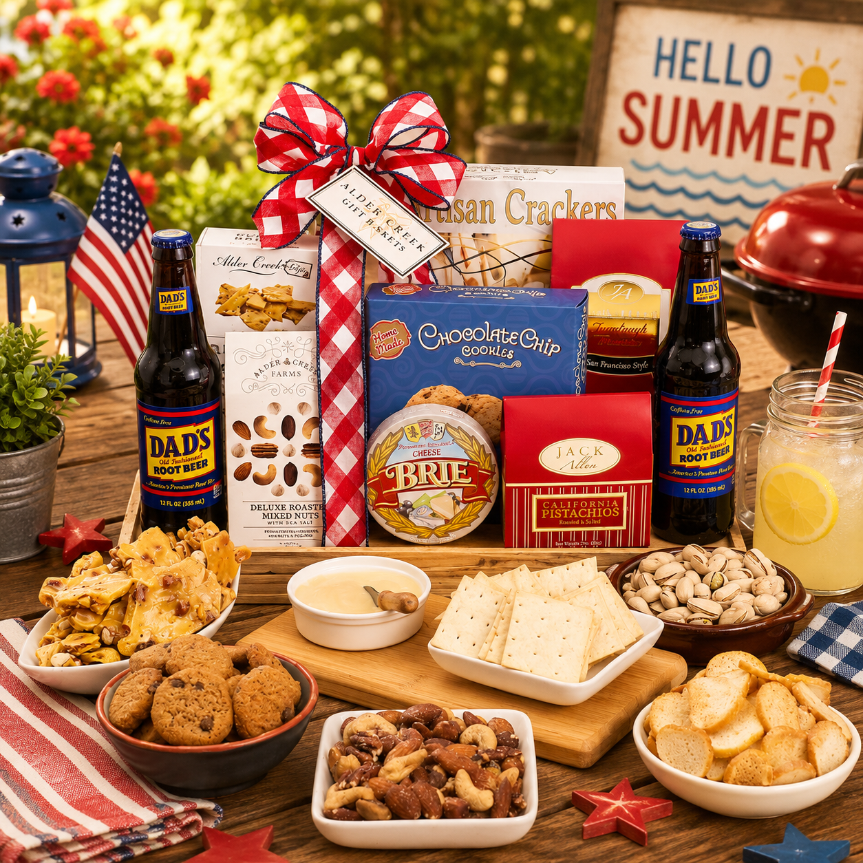 Summer Celebrations Cutting Board Gift Father's Day gift basket for dad with gourmet snacks from Beyond the Bow Gifts