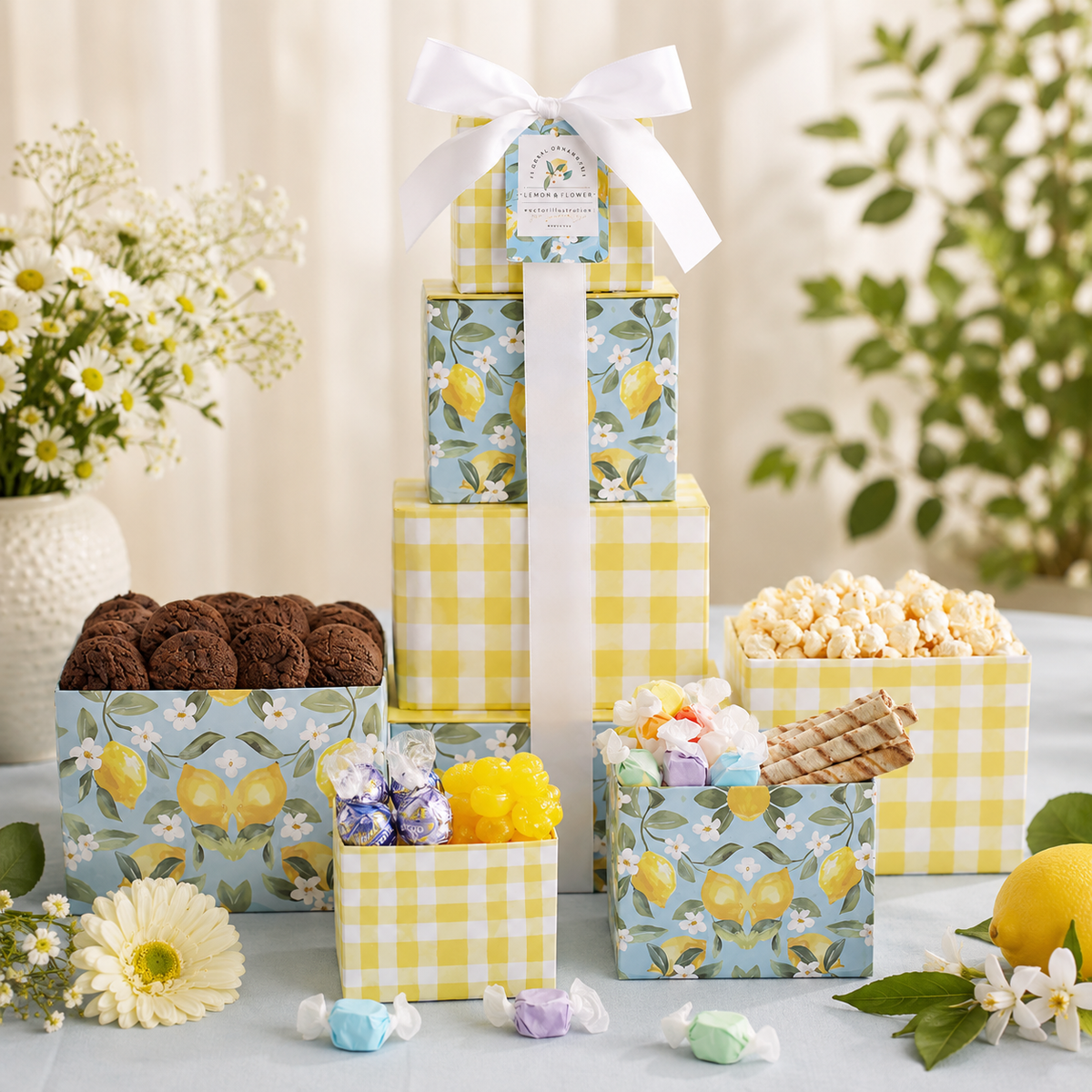 Sweet Sunshine Floral Gift Tower gourmet gift basket from Beyond the Bow Gifts