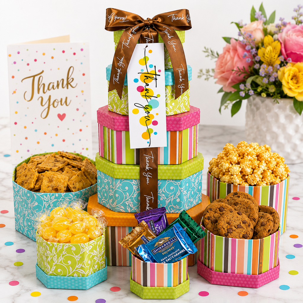 Thank You Treats Gift Tower thank you gift basket with gourmet treats from Beyond the Bow Gifts