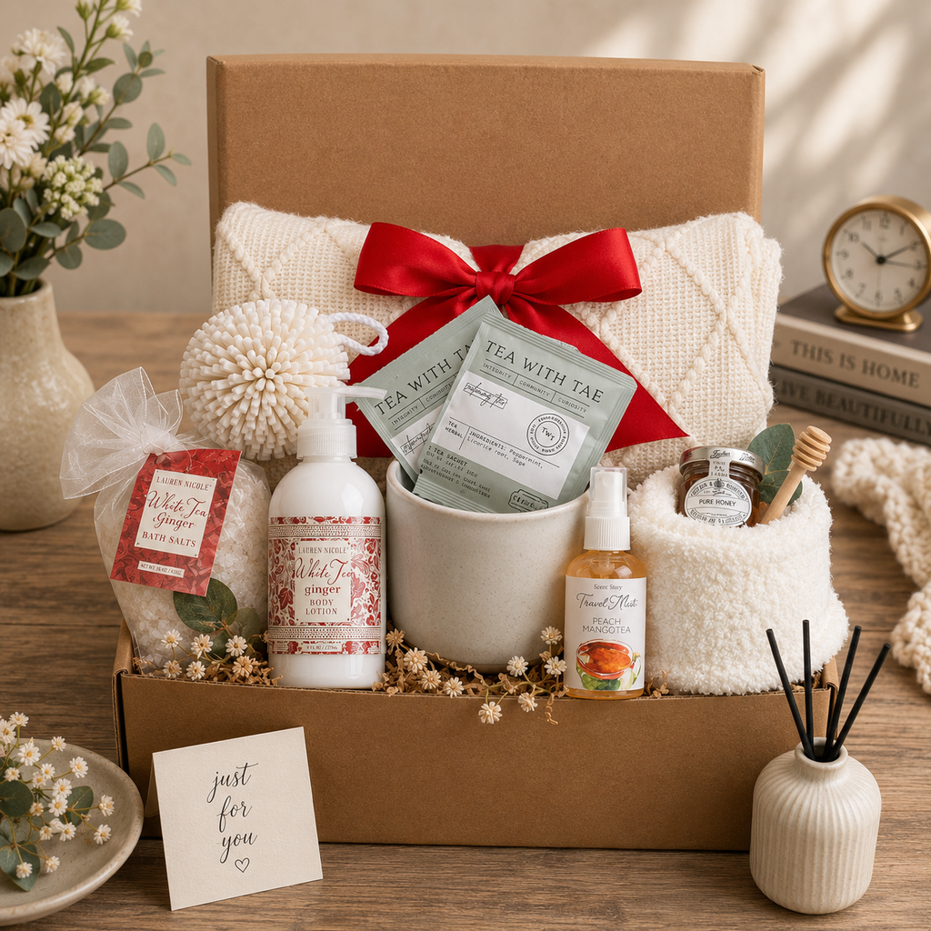 Gift basket with tea, flowers, and decorative items on a wooden surface