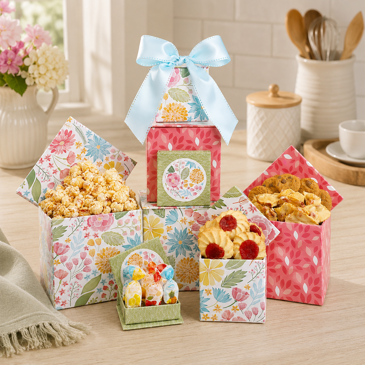 Floral Blooms Gift Tower gourmet gift basket from Beyond the Bow Gifts