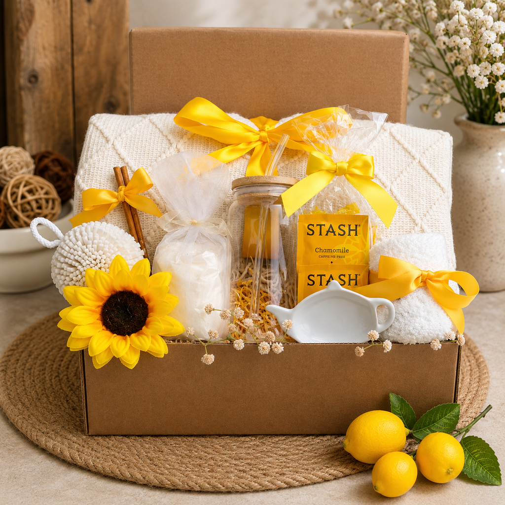 Gift basket with yellow ribbons, sunflower, and tea on a wooden surface.