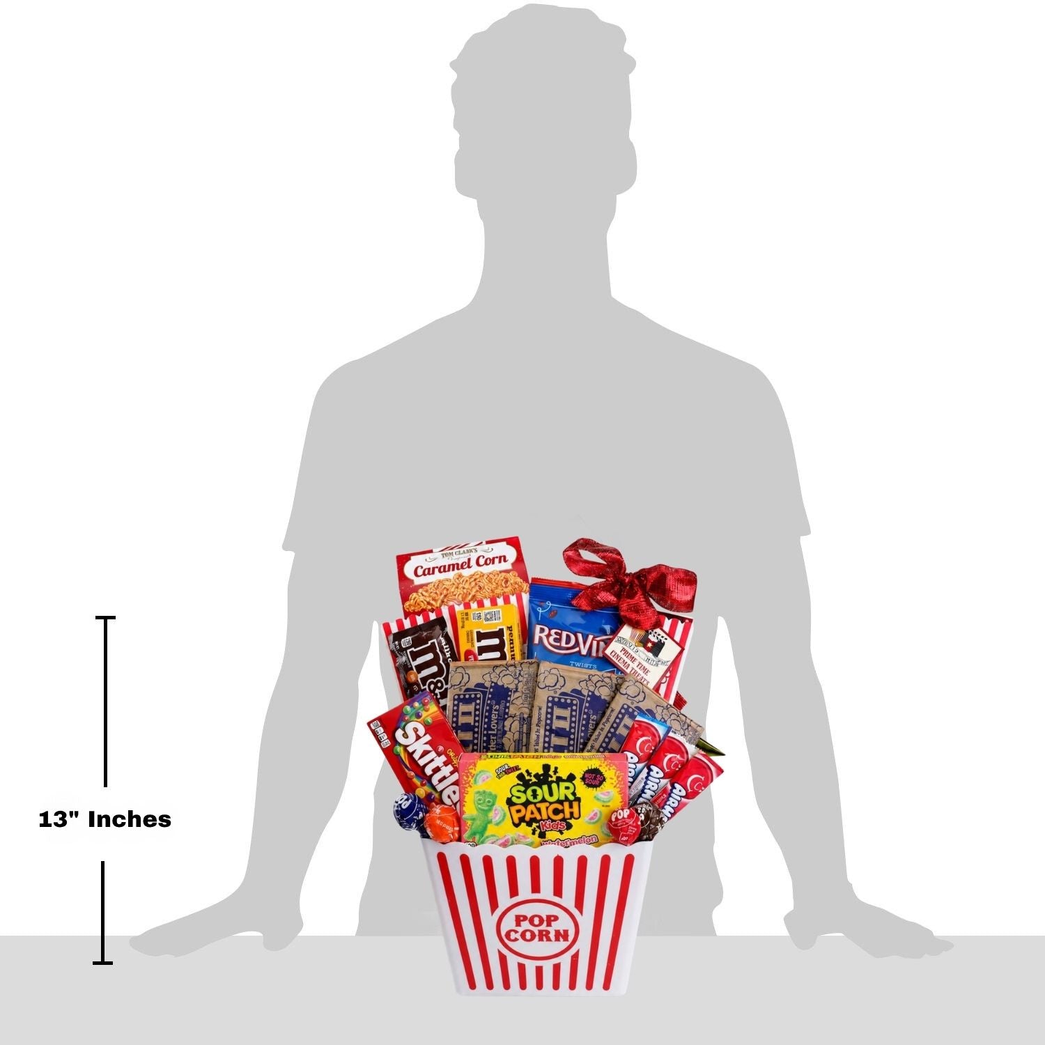 gift basket with grey man background to lllustrate size