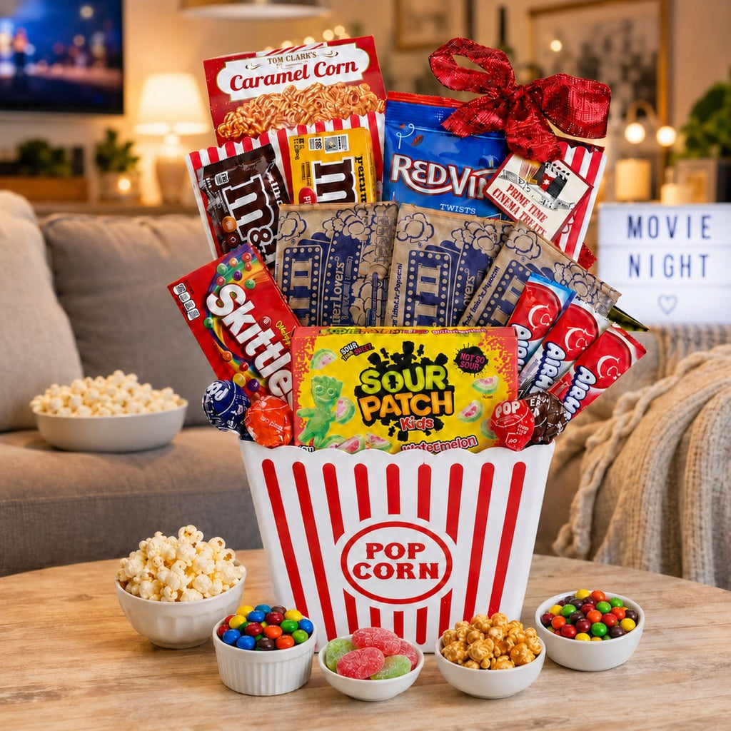 gift basket with food contents displayed and with home movie night background