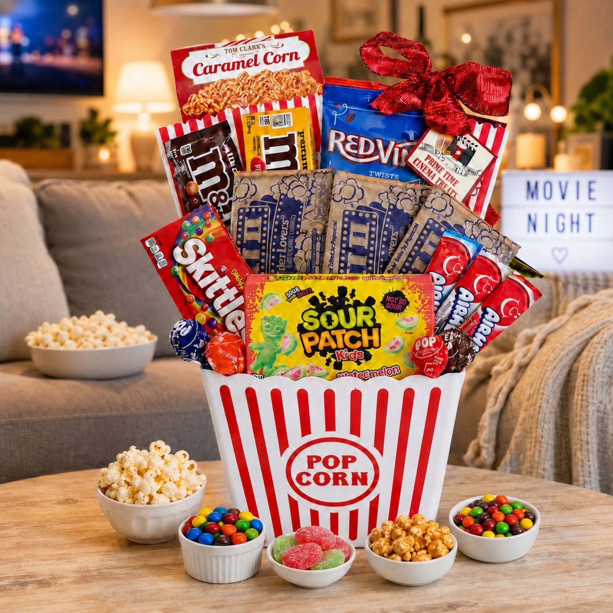 gift basket with food contents displayed and with home movie night background