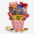 gift basket with food contents displayed in white dishes
