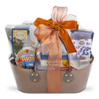 Gift basket with a brown ribbon on a white background