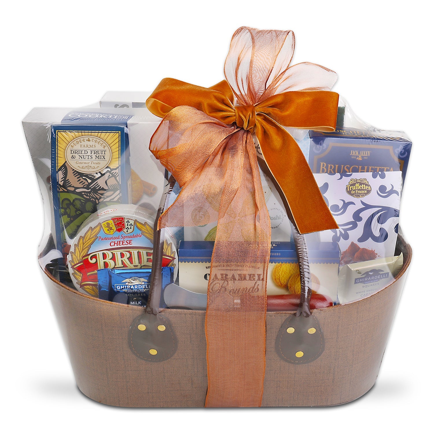 Gift basket with a brown ribbon on a white background
