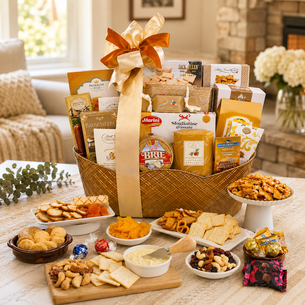 Gourmet gift basket with snacks on a table in a living room setting