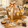 Gourmet gift basket with snacks on a table in a living room setting