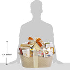 Gift basket with a person silhouette and measurement label on a white background