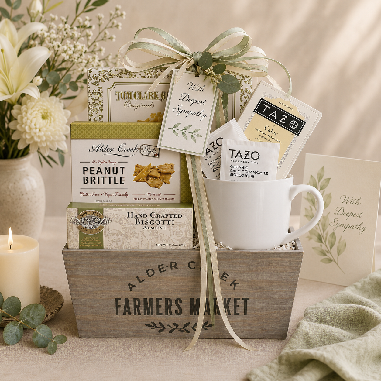 Gift basket with a mug, snacks, and cards on a neutral background
