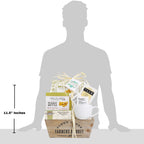 Gift basket with tea and snacks shown next to a silhouette of a person for size reference.
