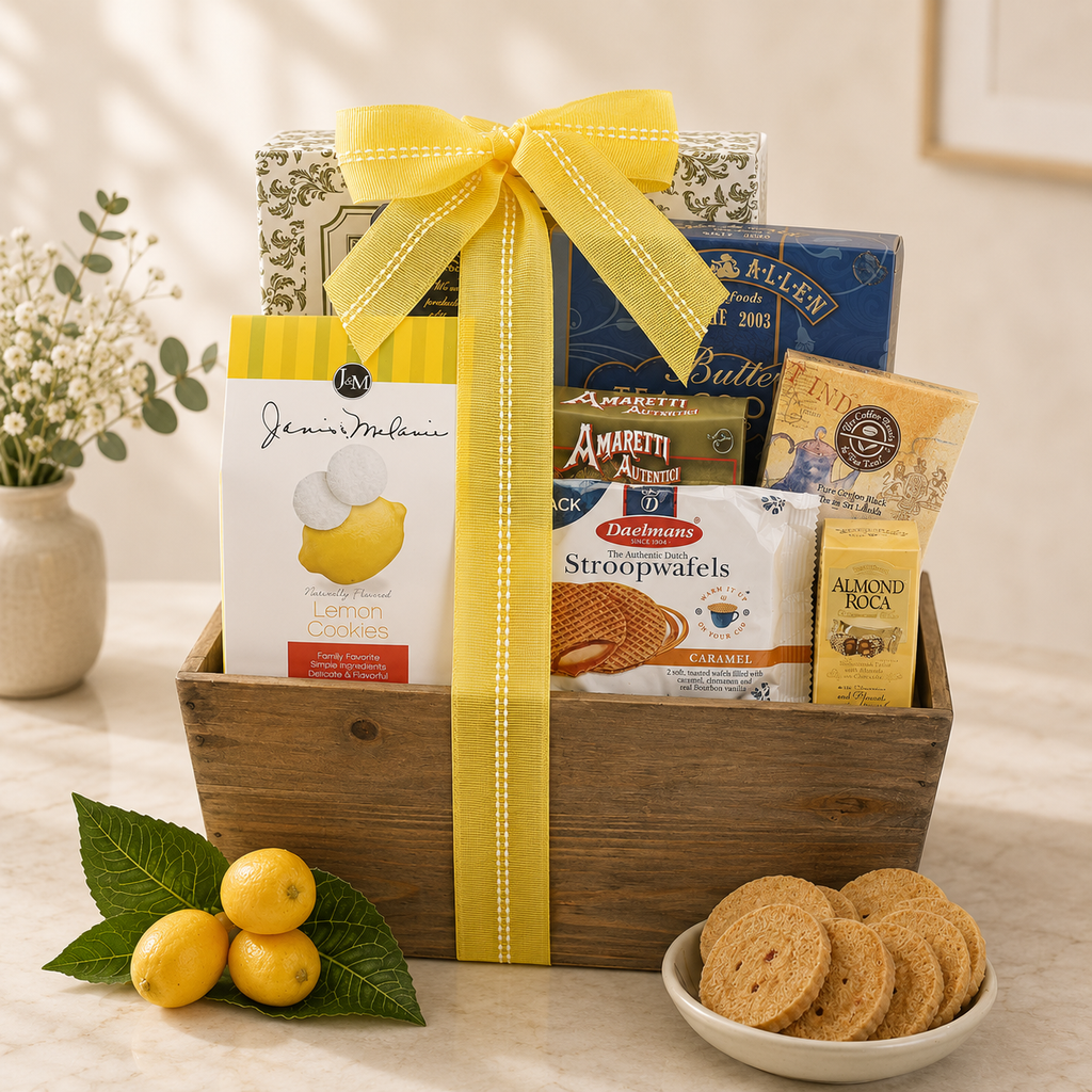 Gift basket with snacks and a yellow ribbon on a table with lemons and cookies.