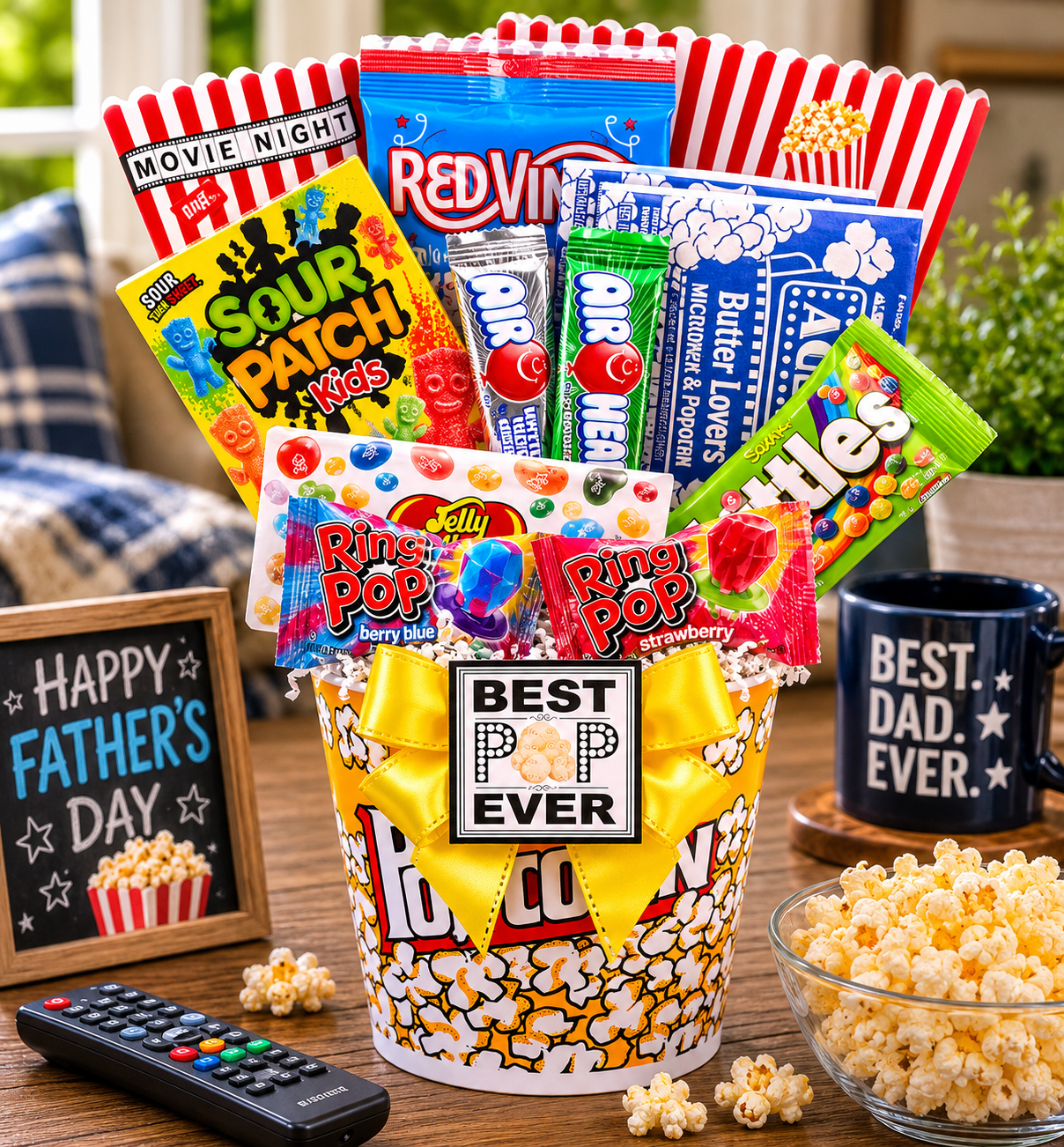 Father's Day Pop-ular Movie Gift Father's Day gift basket for dad with gourmet snacks from Beyond the Bow Gifts