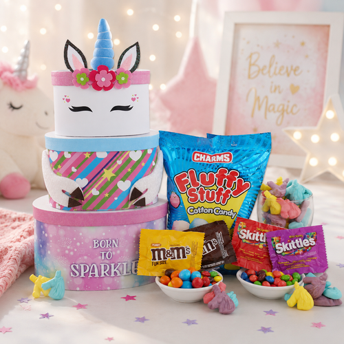 Colorful candy and toy set with a unicorn-themed container on a decorative background.