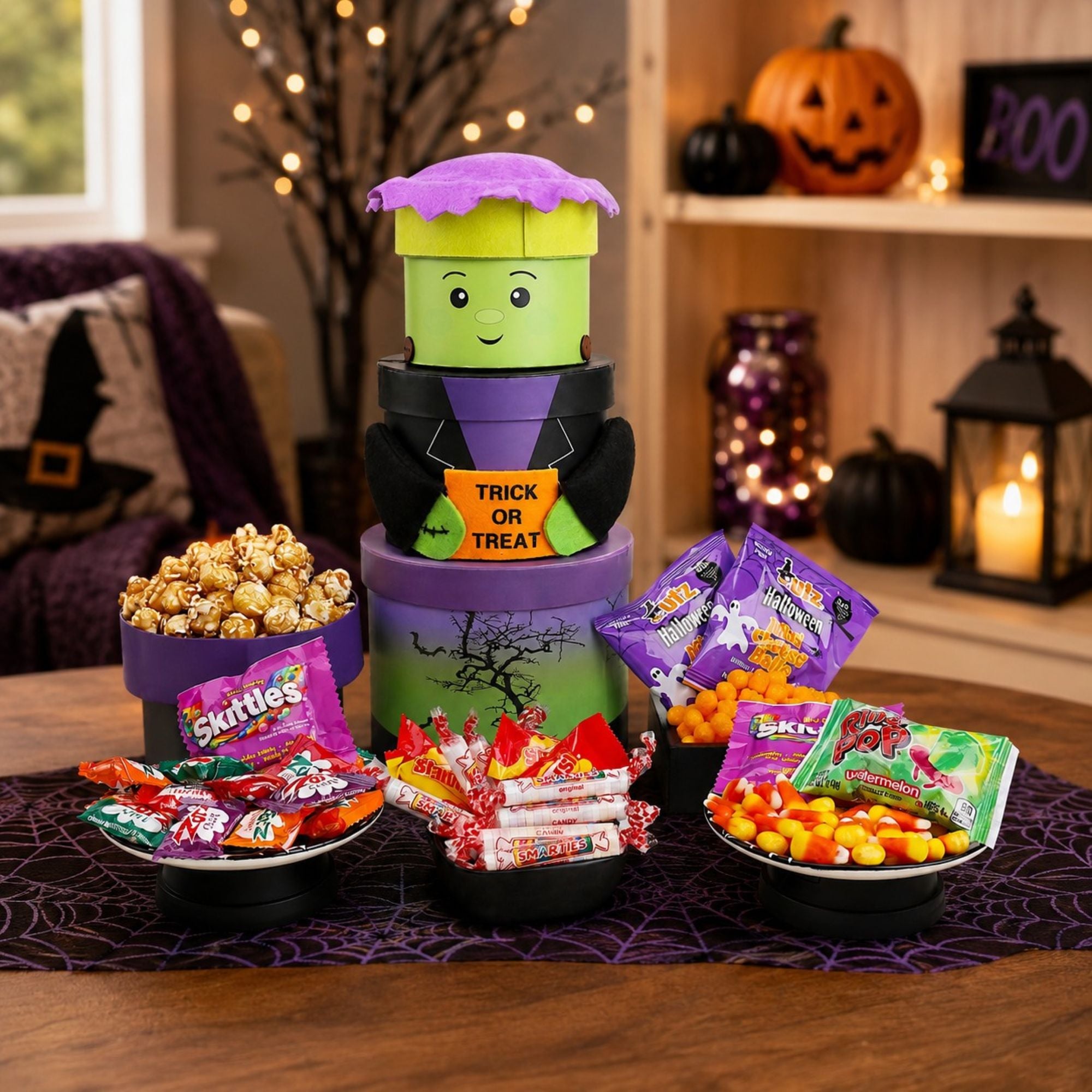 A Halloween-themed candy tower setup on a wooden table, featuring a green and purple Frankenstein-themed gift box with a 'Trick or Treat' sign, surrounded by bowls and plates of assorted candy including popcorn and Halloween candy. The background shows a cozy, decorated room with a jack-o'-lantern, a witch hat, and string lights.