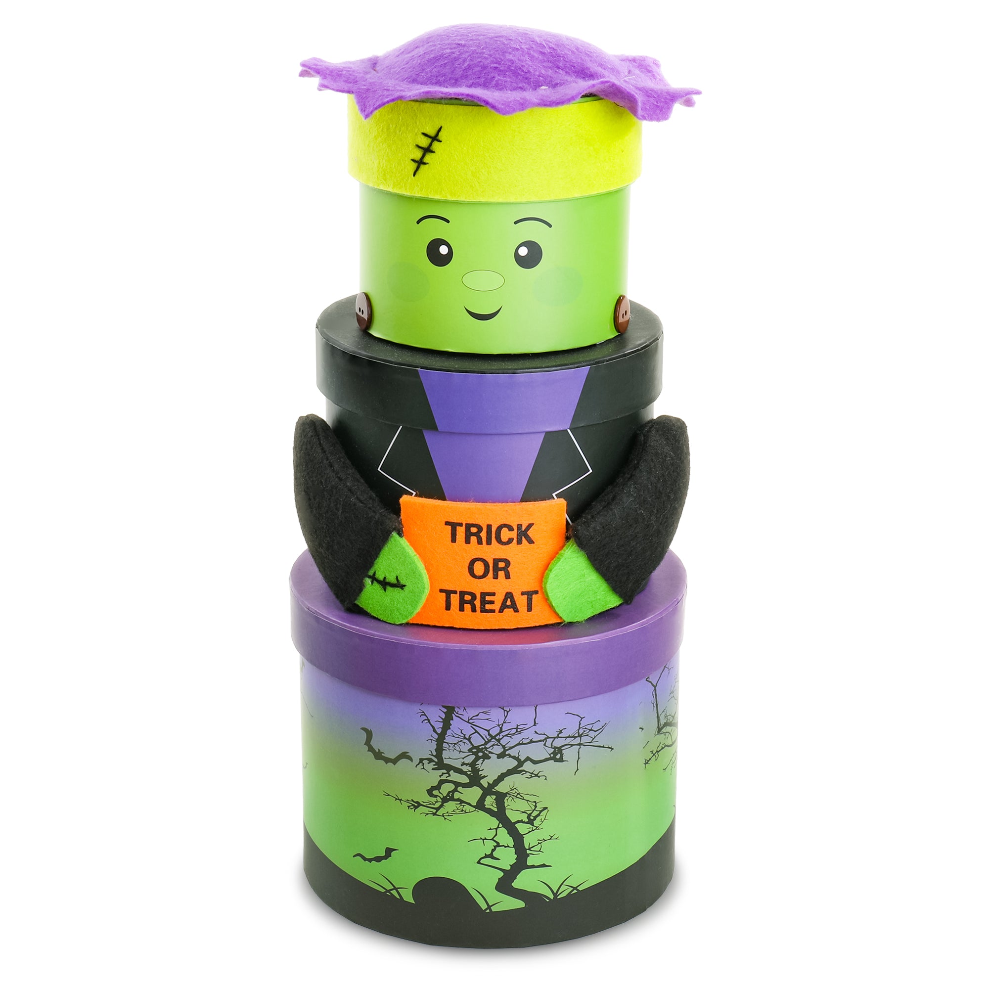 A Halloween-themed stackable set of three cylindrical containers styled like Frankenstein's monster. The top container features a green face with stitched details, a purple hat, and a black suit holding an orange sign that reads 'TRICK OR TREAT'.