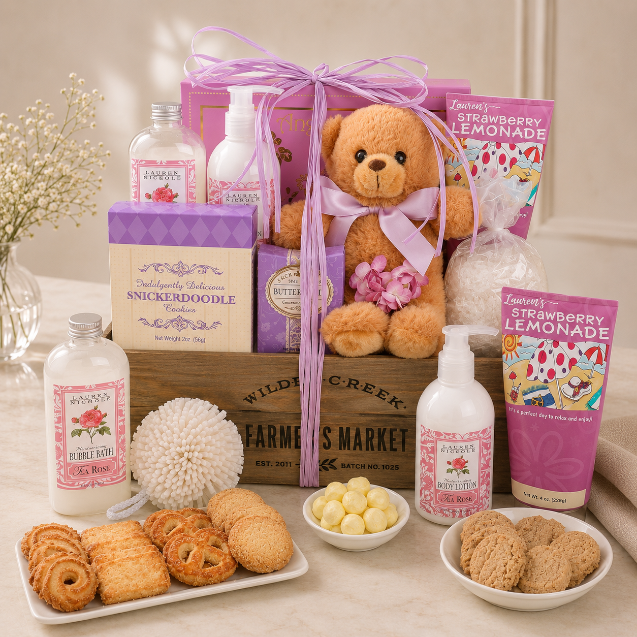 Luxury Pampered Rose Gift Basket spa gift basket with self-care treats from Beyond the Bow Gifts