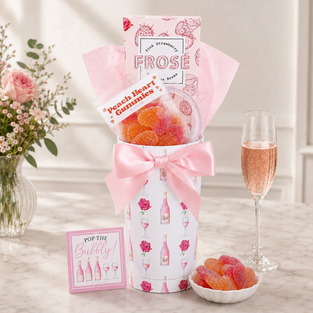 Pop the Bubbly Tumbler Gift cocktail gift basket with mixers and gourmet snacks from Beyond the Bow Gifts