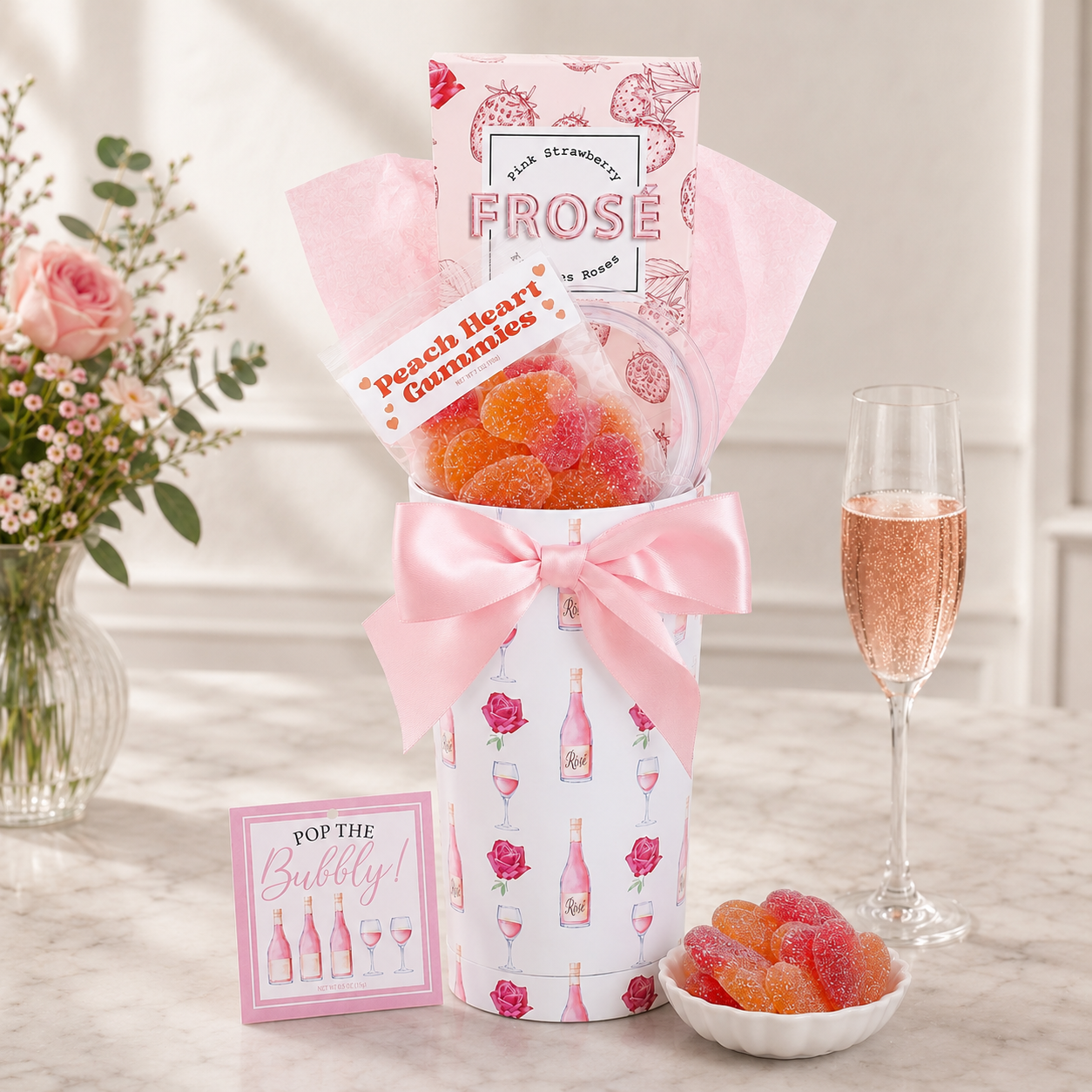 Pop the Bubbly Tumbler Gift cocktail gift basket with mixers and gourmet snacks from Beyond the Bow Gifts