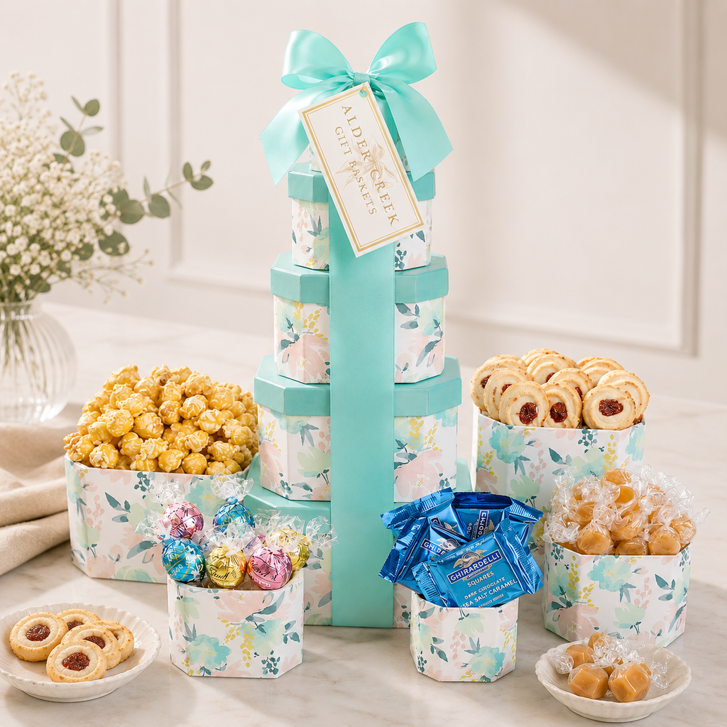 Springtime Treats Tower gourmet gift basket from Beyond the Bow Gifts