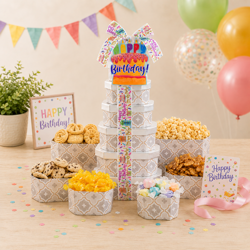 Happy Birthday Gift Tower of Treats birthday gift basket with sweet treats from Beyond the Bow Gifts