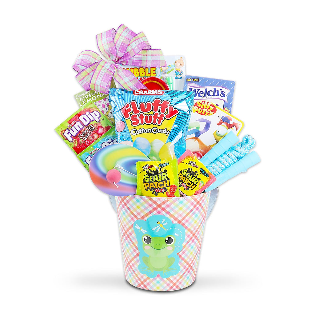 Charms Fluffy Stuff Cotton Candy (2.5oz.), 2 Fun Dip (0.43oz.), Sour Patch & Swedish Fish Fun Size Assorted Candy (2pcs.), Lauren’s Strawberry Lemonade (1oz.), Red Vines Licorice (4oz.) Jump Rope, Classic Putty, 3 Way Bubbles, Paddle Ball, Colorful Gingham Basket
