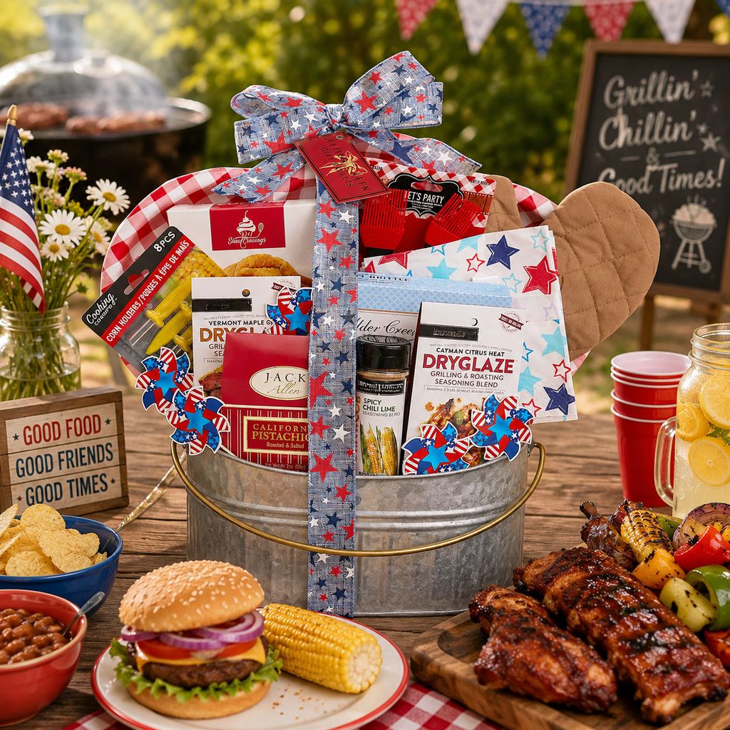 Grillin and Chillin BBQ Gift Father's Day gift basket for dad with gourmet snacks from Beyond the Bow Gifts
