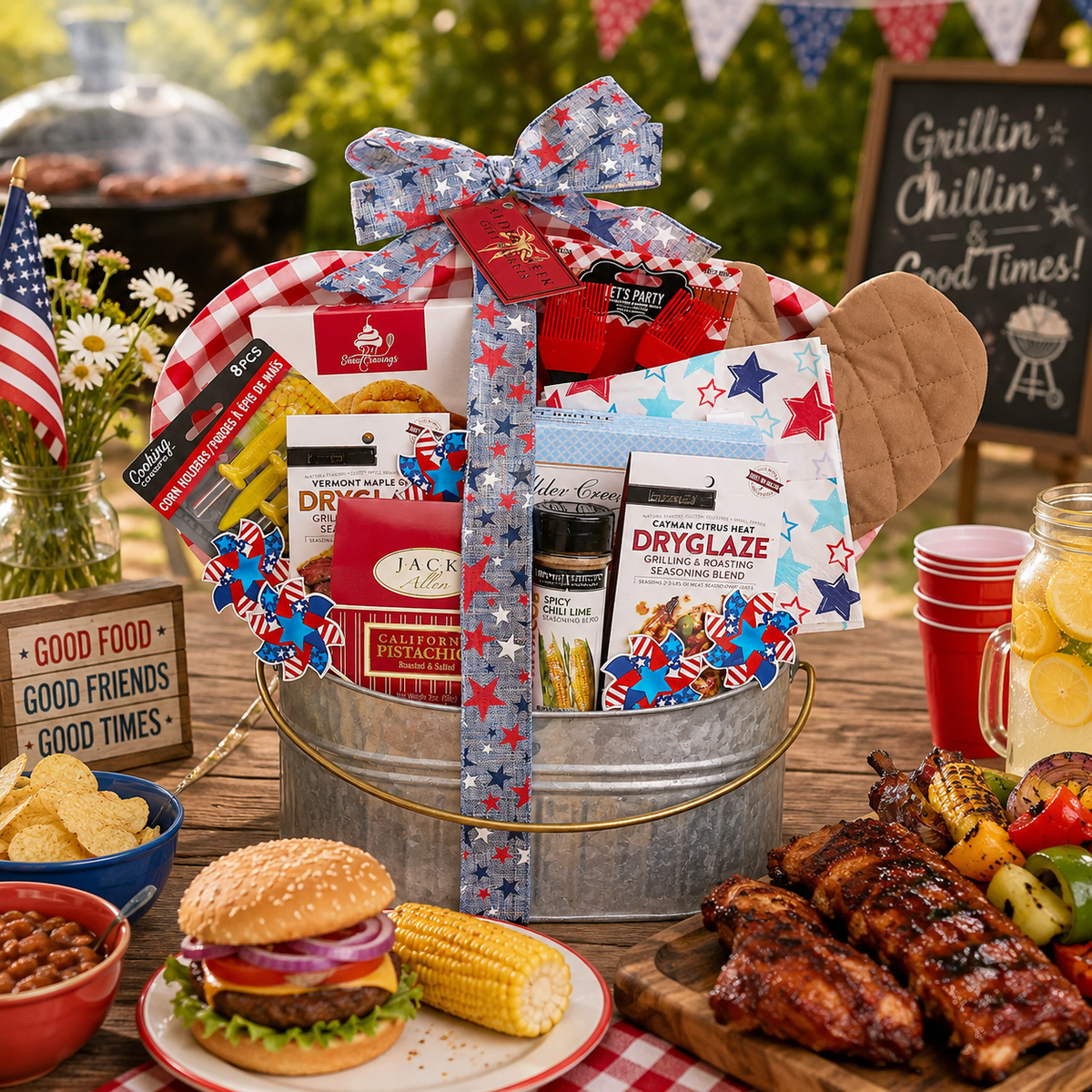 Grillin and Chillin BBQ Gift Father's Day gift basket for dad with gourmet snacks from Beyond the Bow Gifts