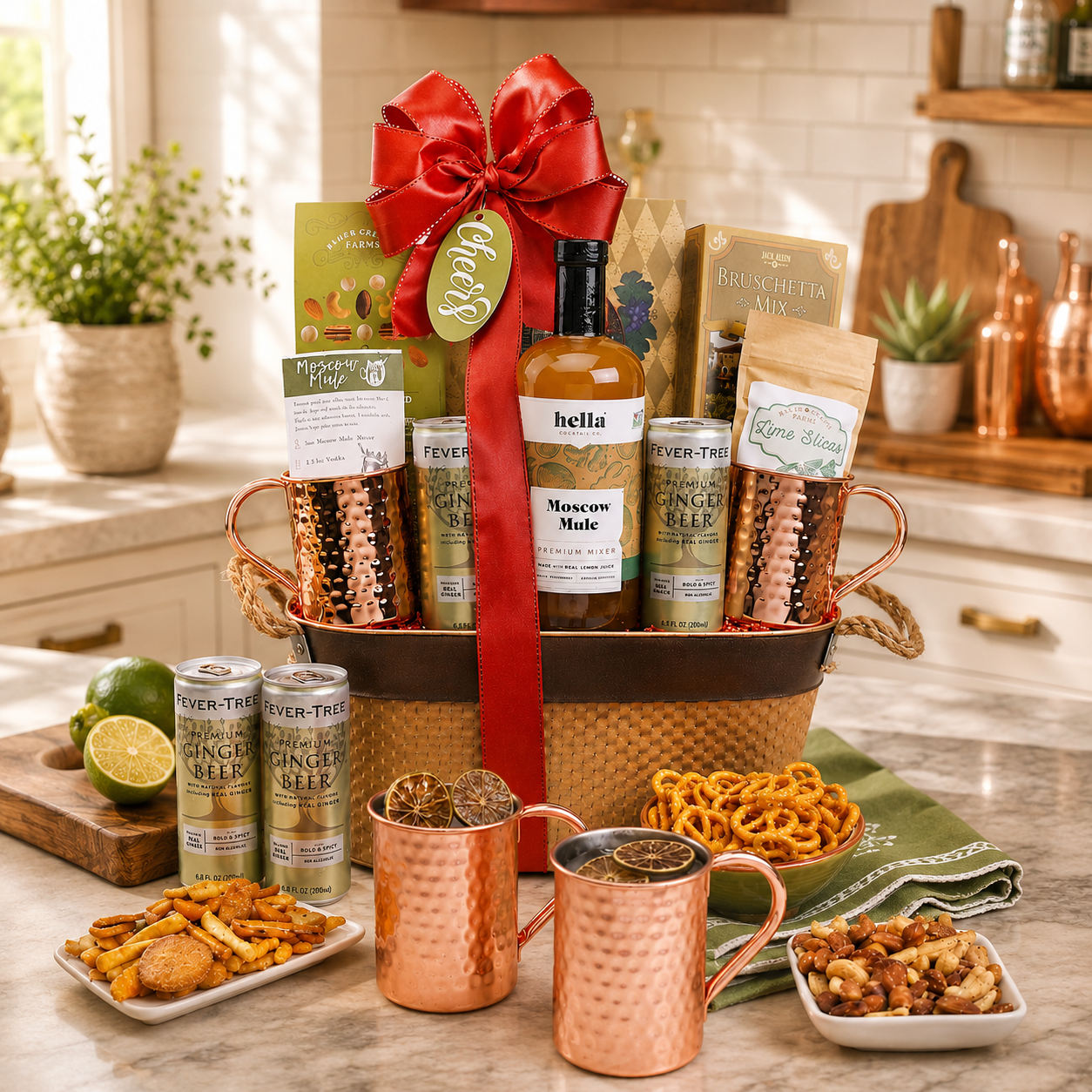 Moscow Mule Gift Basket cocktail gift basket with mixers and gourmet snacks from Beyond the Bow Gifts