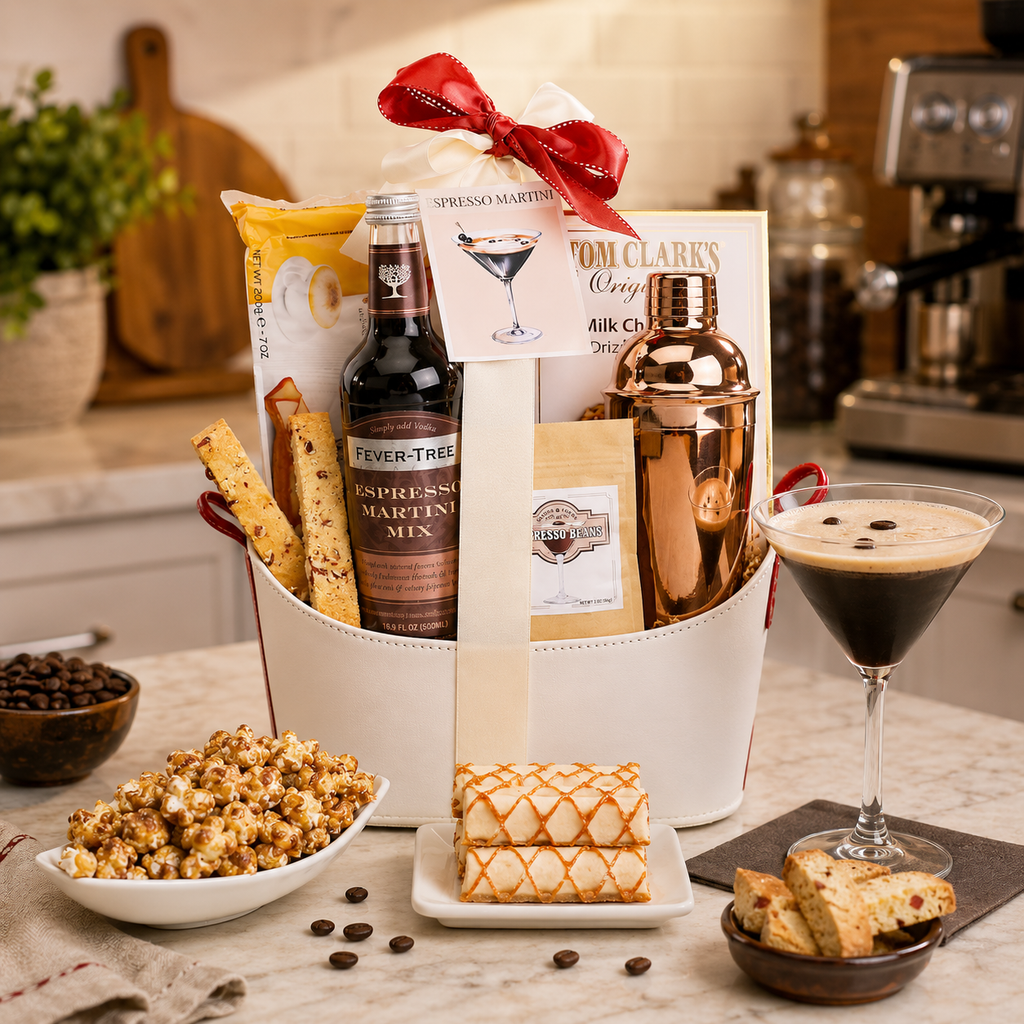 Gift basket with coffee-themed items including a bottle of Fever-Tree mix, a cocktail shaker, and a glass of espresso martini on a kitchen counter.