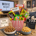Ultimate Movie Night Gift Basket with popcorn, candy and movie night snacks from Beyond the Bow Gifts