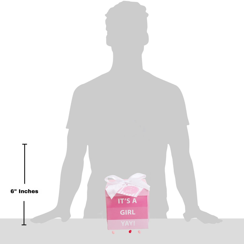 Silhouette of a person with a baby shower gift box labeled 'It's a Girl Yay!' for scale.