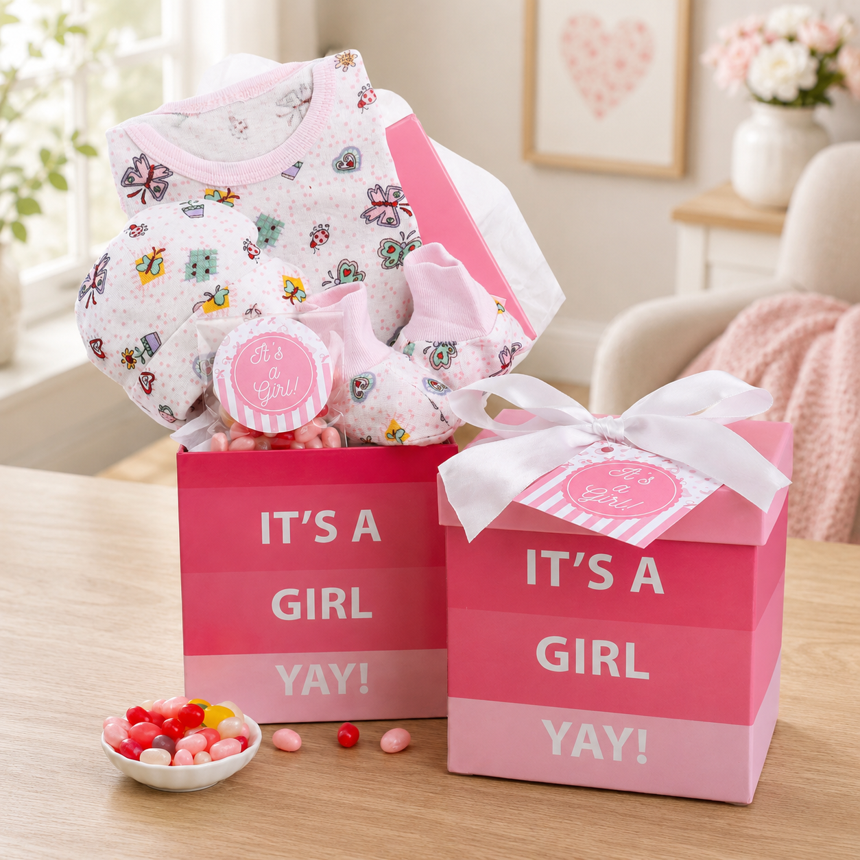 Baby girl gift set with pink box labeled 'It's a Girl Yay!' on a table.