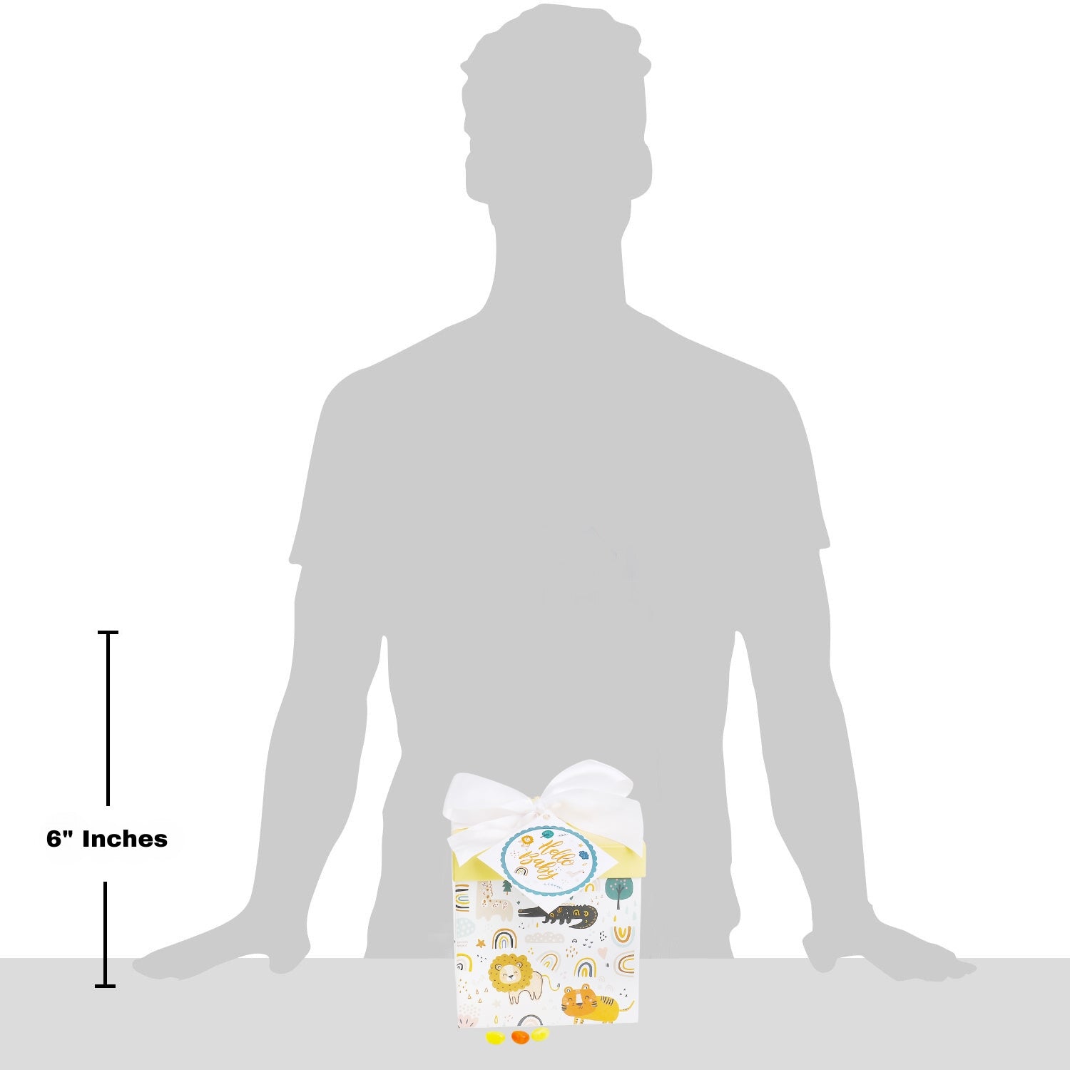 Silhouette of a person with a product package for scale on a white background