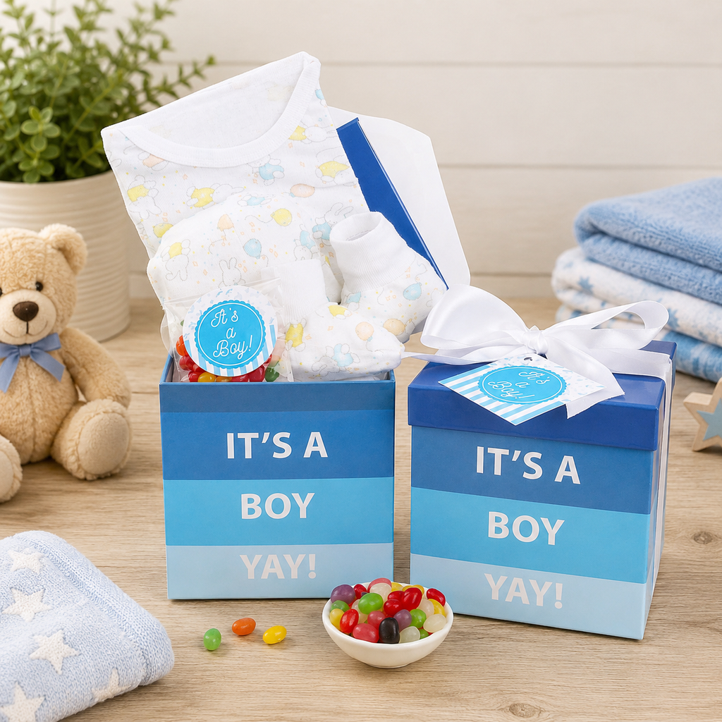 Baby shower gift set for a boy with candy, and baby items on a wooden surface.