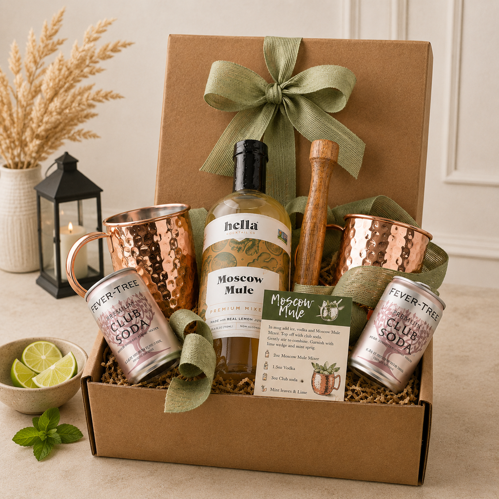 The Classic Moscow Mule Gift cocktail gift basket with mixers and gourmet snacks from Beyond the Bow Gifts