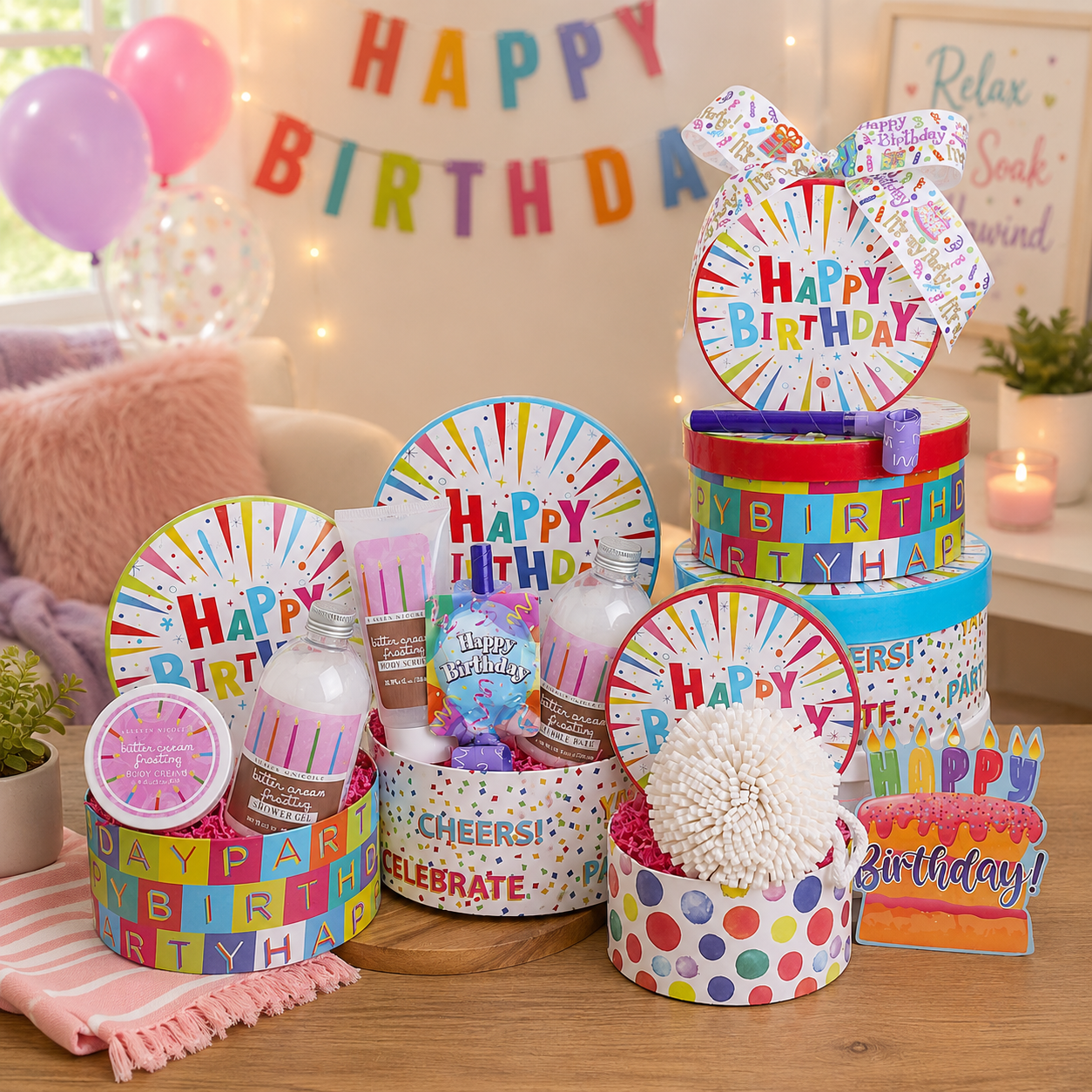 Happy Birthday Spa Wishes Gift Tower birthday gift basket with sweet treats from Beyond the Bow Gifts