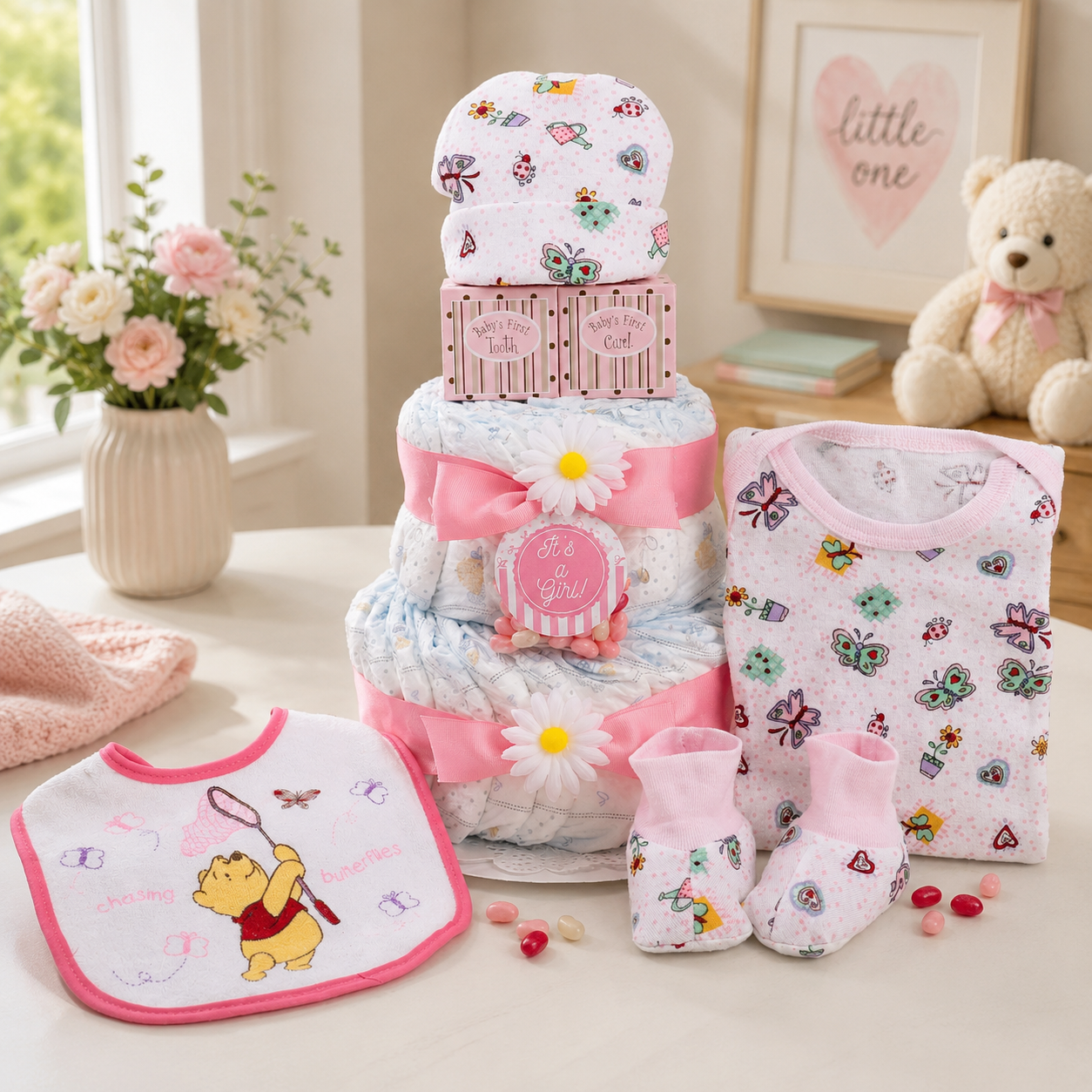 Sweet Baby Girl Diaper Cake Gift new baby gift basket or baby shower gift from Beyond the Bow Gifts