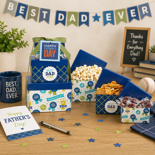 Best Dad Ever! Father's Day Snack Gift Tower Father's Day gift basket for dad with gourmet snacks from Beyond the Bow Gifts