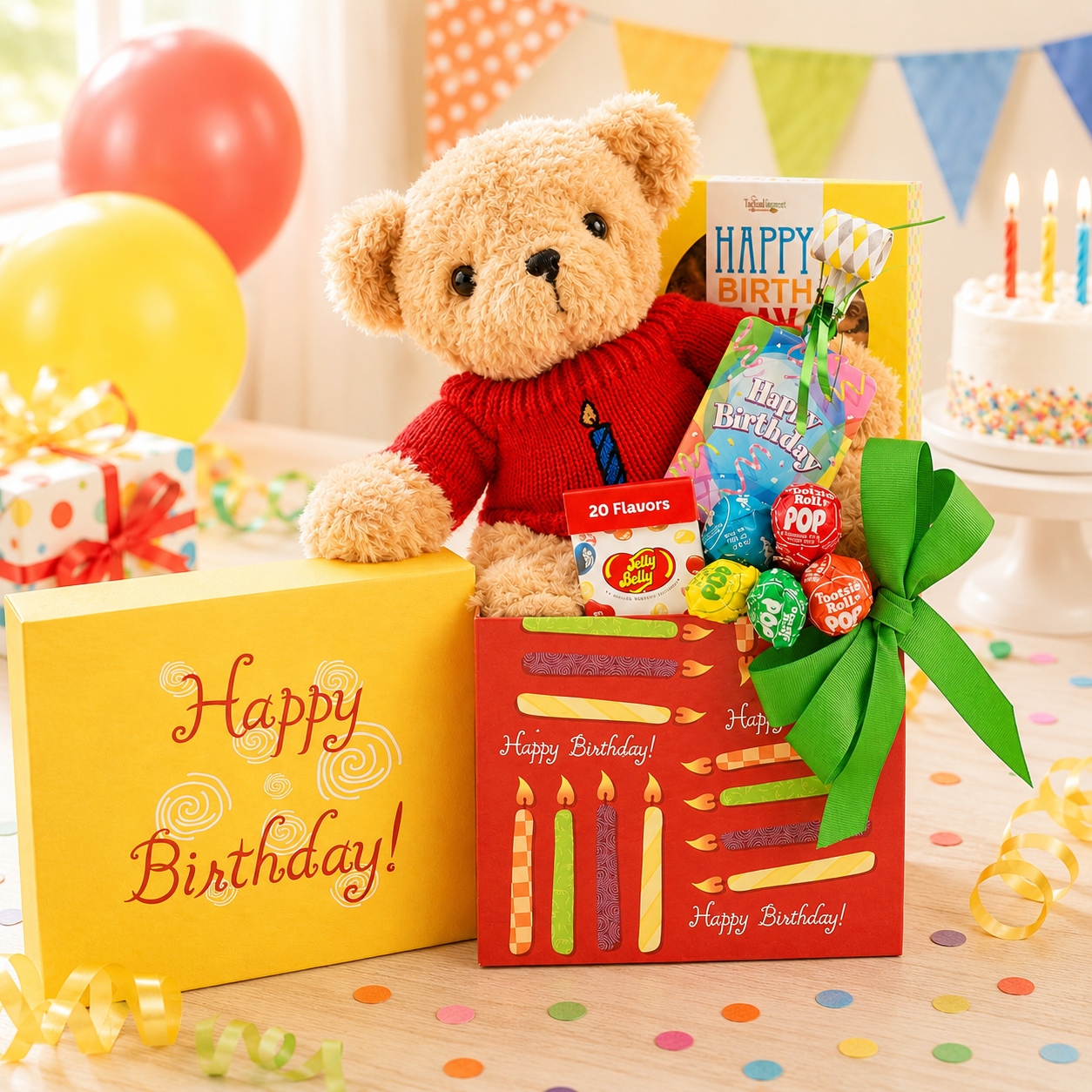 Happy Birthday Celebrations Bear Gift Box birthday gift basket with sweet treats from Beyond the Bow Gifts