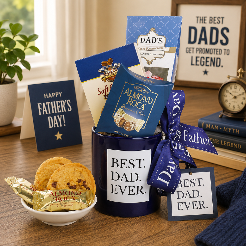 Best Dad Ever Father's Day Gift Mug Father's Day gift basket for dad with gourmet snacks from Beyond the Bow Gifts