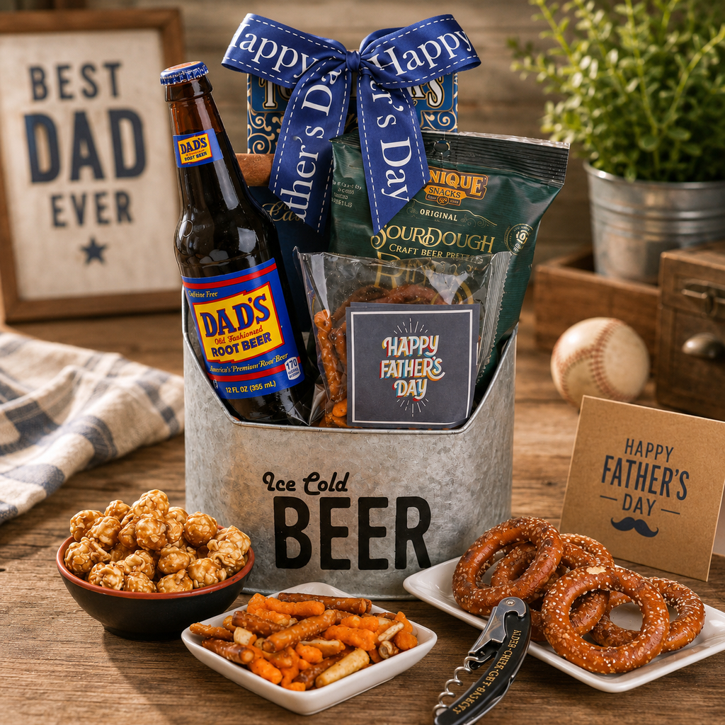Father's Day Sippin’ Summer Snack Gift Basket Father's Day gift basket for dad with gourmet snacks from Beyond the Bow Gifts